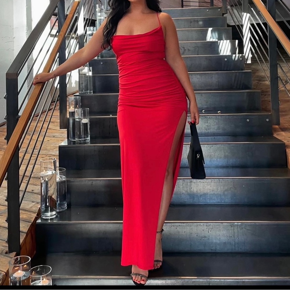 Medium Lovers and Friends long red dress. Fully lined, cowl neck, leg slit